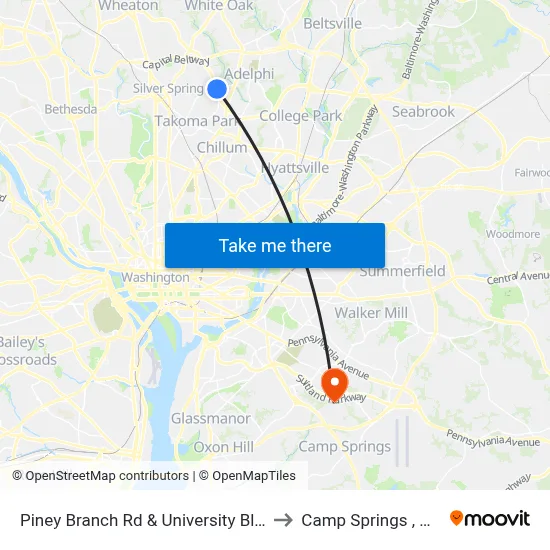 Piney Branch Rd & University Blvd to Camp Springs , MD map