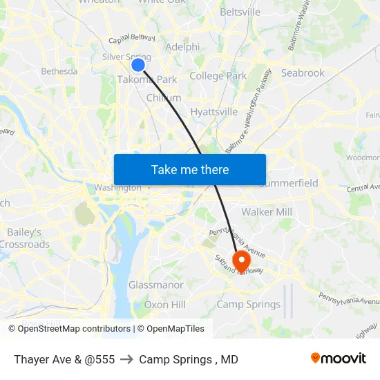 Thayer Ave & @555 to Camp Springs , MD map