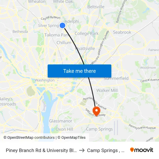 Piney Branch Rd & University Blvd to Camp Springs , MD map