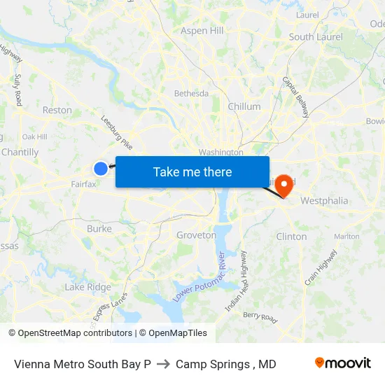 Vienna Metro South Bay P to Camp Springs , MD map