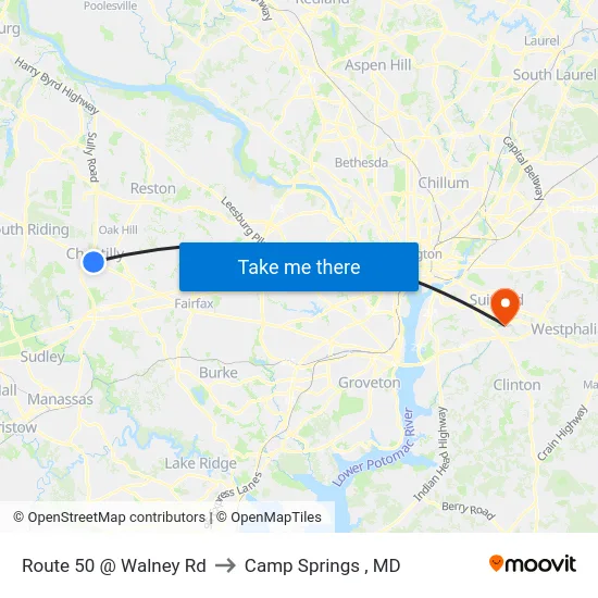Route 50 @ Walney Rd to Camp Springs , MD map