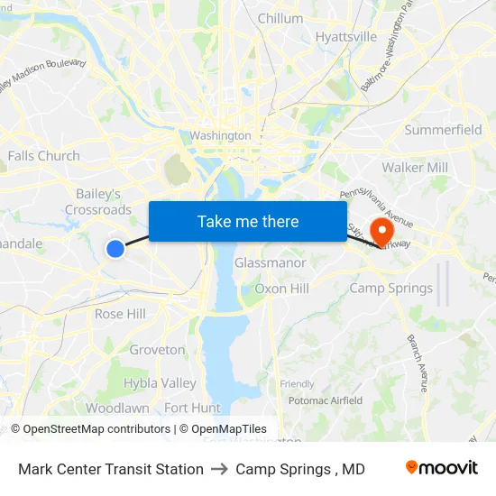 Mark Center Transit Station to Camp Springs , MD map
