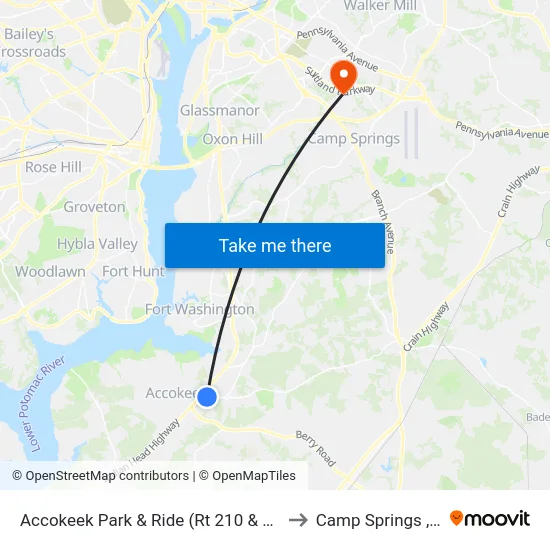 Accokeek Park & Ride (Rt 210 & Rt 373) to Camp Springs , MD map