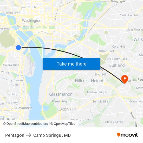 Pentagon to Camp Springs , MD map