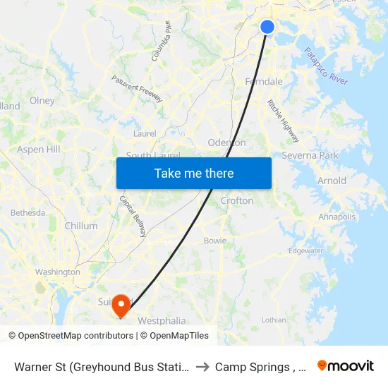 Warner St (Greyhound Bus Station) to Camp Springs , MD map