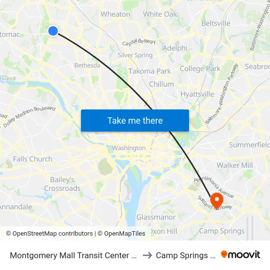 Montgomery Mall Transit Center  & Bay E to Camp Springs , MD map