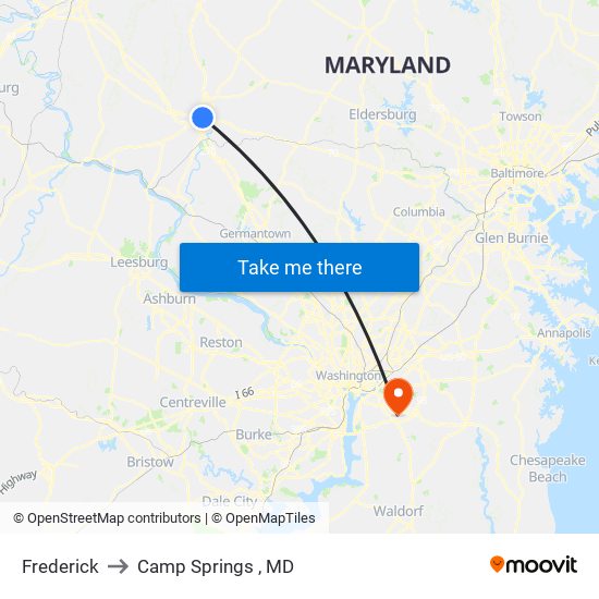 Frederick to Camp Springs , MD map