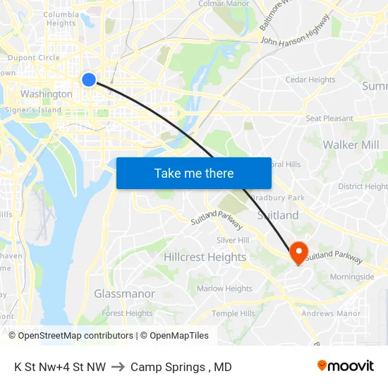 K St Nw+4 St NW to Camp Springs , MD map
