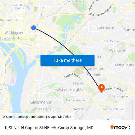 K St Ne+N Capitol St NE to Camp Springs , MD map