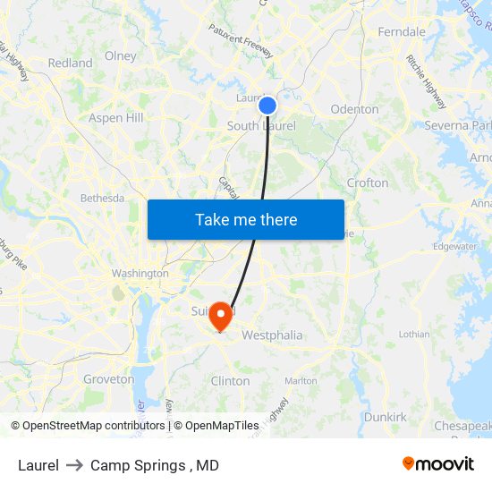Laurel to Camp Springs , MD map