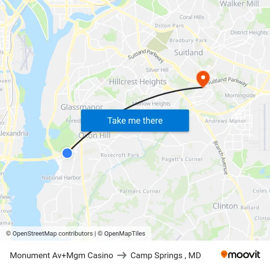 Monument Av+Mgm Casino to Camp Springs , MD map