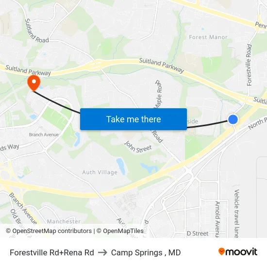 Forestville Rd+Rena Rd to Camp Springs , MD map