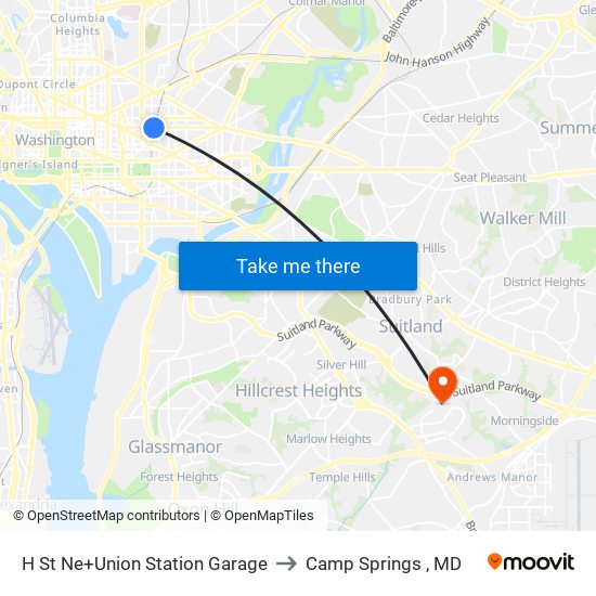 H St Ne+Union Station Garage to Camp Springs , MD map