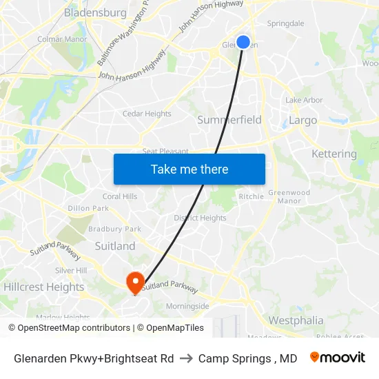 Glenarden Pkwy+Brightseat Rd to Camp Springs , MD map