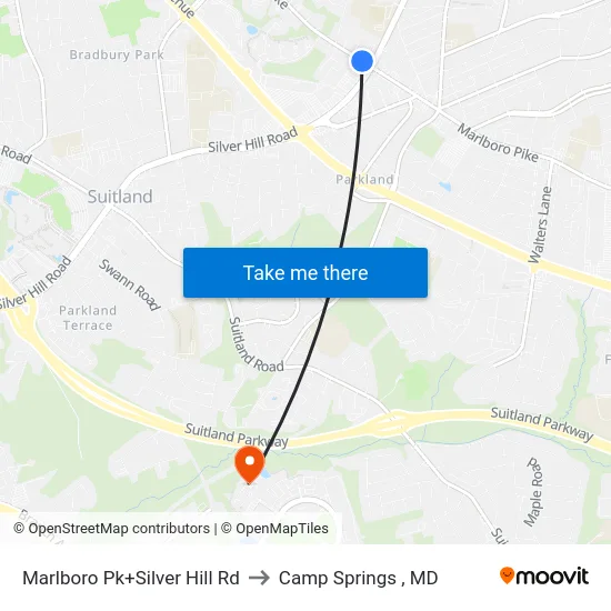Marlboro Pk+Silver Hill Rd to Camp Springs , MD map