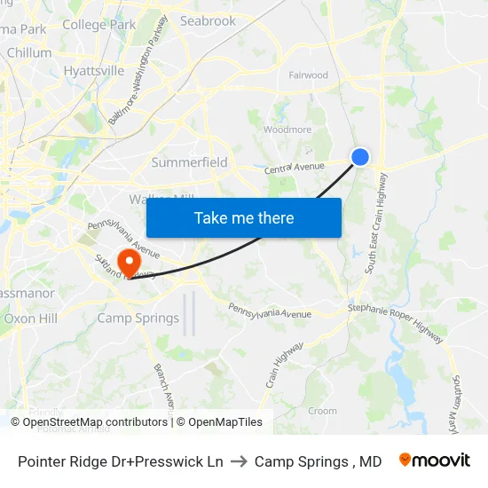 Pointer Ridge Dr+Presswick Ln to Camp Springs , MD map