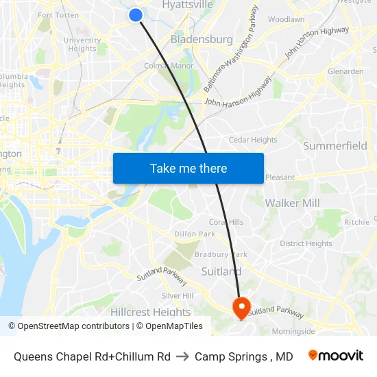 Queens Chapel Rd+Chillum Rd to Camp Springs , MD map