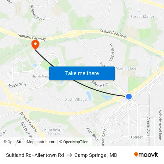 Suitland Rd+Allentown Rd to Camp Springs , MD map