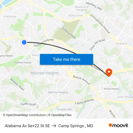 Alabama Av Se+22 St SE to Camp Springs , MD map
