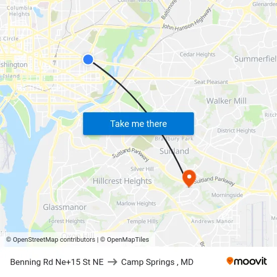 Benning Rd Ne+15 St NE to Camp Springs , MD map