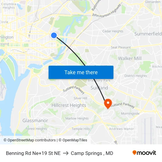 Benning Rd Ne+19 St NE to Camp Springs , MD map