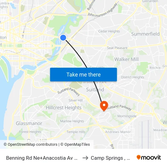 Benning Rd Ne+Anacostia Av NE to Camp Springs , MD map