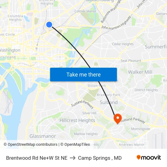 Brentwood Rd Ne+W St NE to Camp Springs , MD map