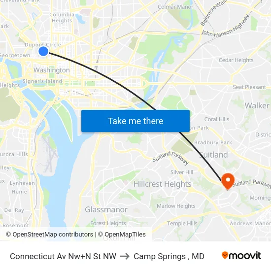 Connecticut Av Nw+N St NW to Camp Springs , MD map