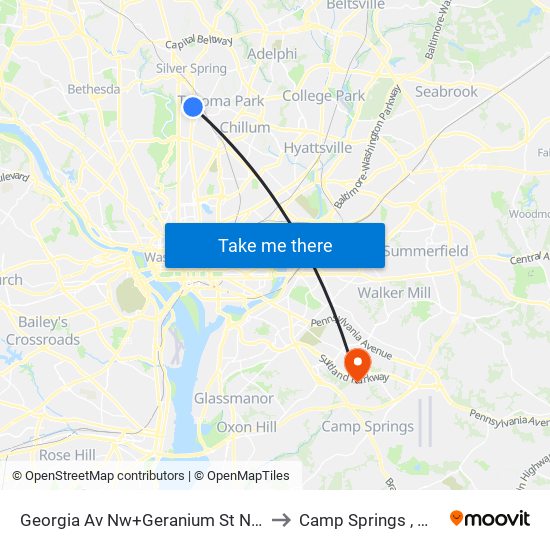 Georgia Av Nw+Geranium St NW to Camp Springs , MD map