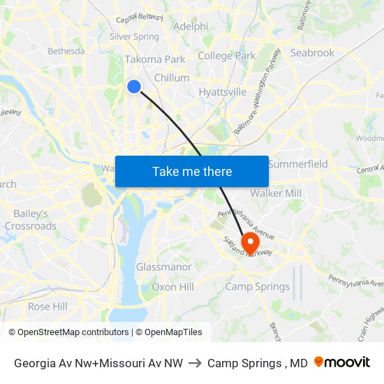 Georgia Av Nw+Missouri Av NW to Camp Springs , MD map