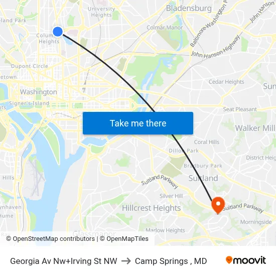 Georgia Av Nw+Irving St NW to Camp Springs , MD map