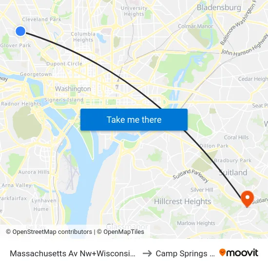 Massachusetts Av Nw+Wisconsin Av NW to Camp Springs , MD map
