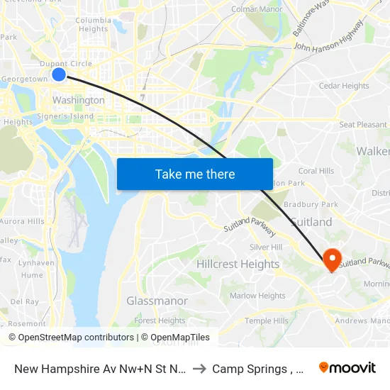 New Hampshire Av Nw+N St NW to Camp Springs , MD map