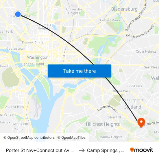 Porter St Nw+Connecticut Av NW to Camp Springs , MD map