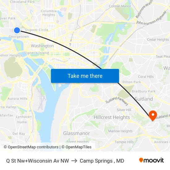 Q St Nw+Wisconsin Av NW to Camp Springs , MD map
