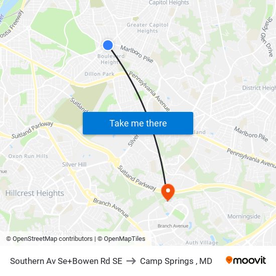 Southern Av Se+Bowen Rd SE to Camp Springs , MD map