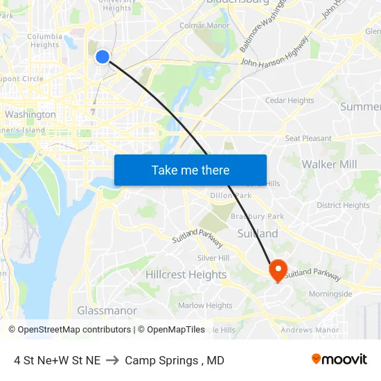 4 St Ne+W St NE to Camp Springs , MD map