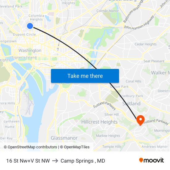 16 St Nw+V St NW to Camp Springs , MD map