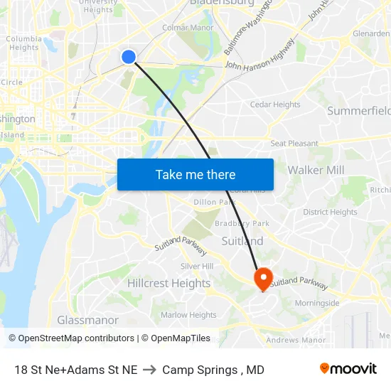 18 St Ne+Adams St NE to Camp Springs , MD map