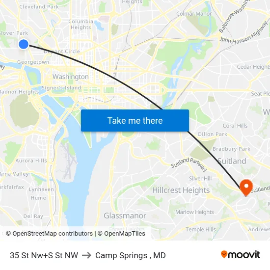35 St Nw+S St NW to Camp Springs , MD map
