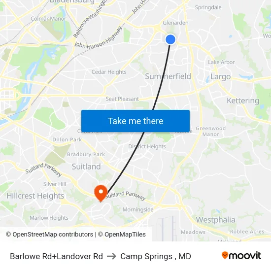 Barlowe Rd+Landover Rd to Camp Springs , MD map