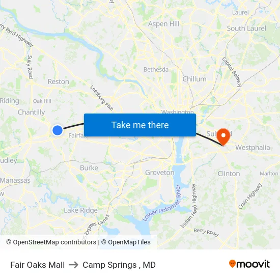 Fair Oaks Mall to Camp Springs , MD map