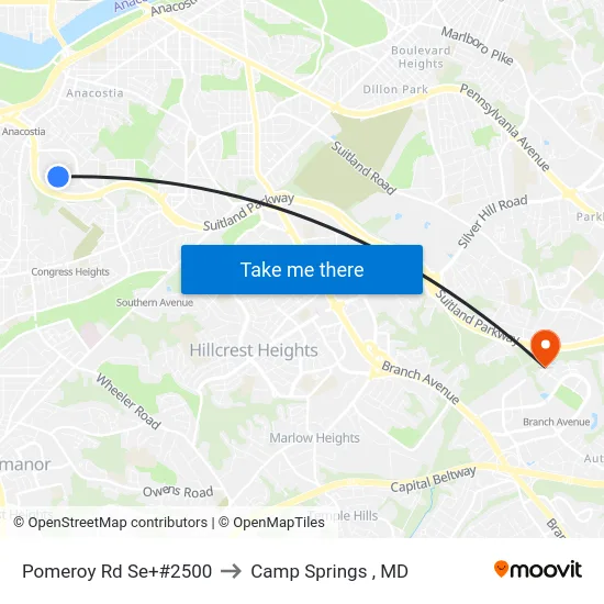 Pomeroy Rd Se+#2500 to Camp Springs , MD map
