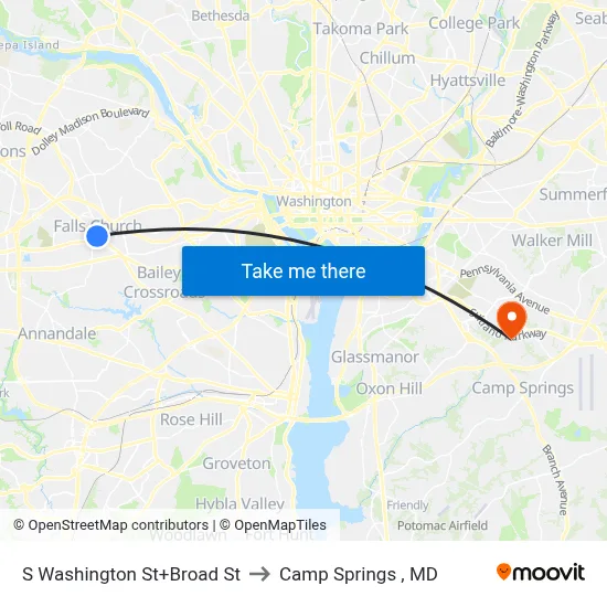 S Washington St+Broad St to Camp Springs , MD map
