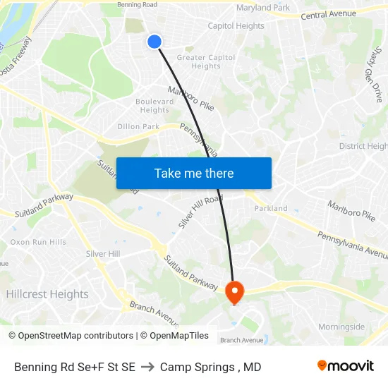 Benning Rd Se+F St SE to Camp Springs , MD map