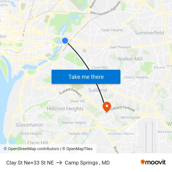 Clay St Ne+33 St NE to Camp Springs , MD map