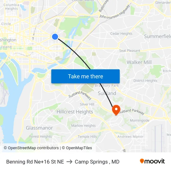 Benning Rd Ne+16 St NE to Camp Springs , MD map