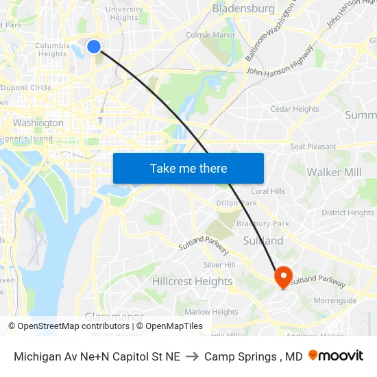 Michigan Av Ne+N Capitol St NE to Camp Springs , MD map