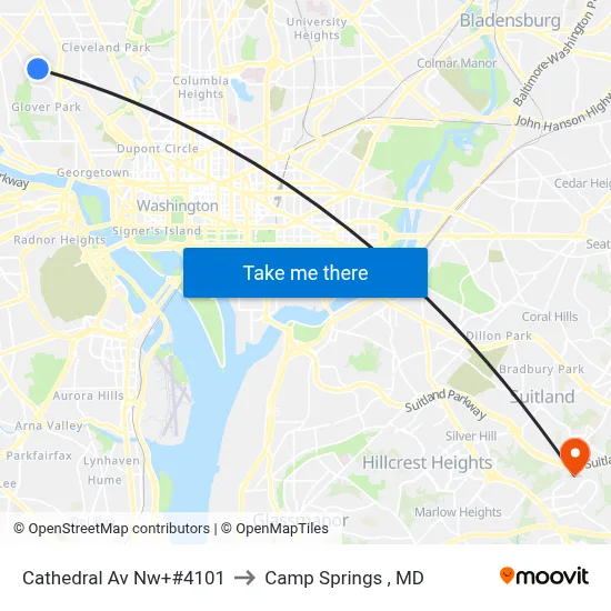 Cathedral Av Nw+#4101 to Camp Springs , MD map