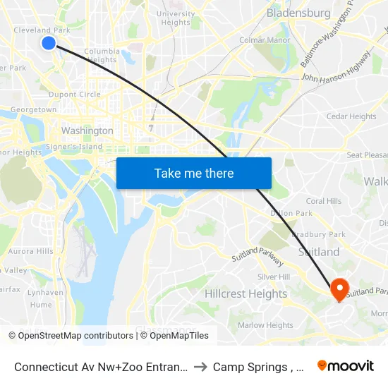 Connecticut Av Nw+Zoo Entrance to Camp Springs , MD map